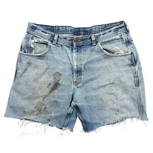 Vintage 90s Key Workwear Distressed Denim Shorts 35 Waist Cut Off Jeans Faded